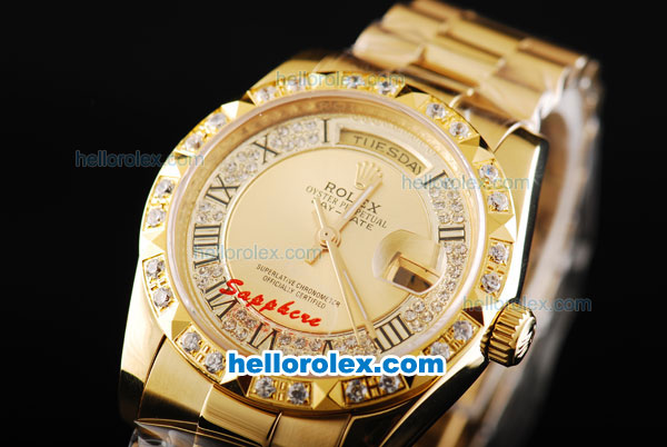 Rolex Day-Date Automatic Movement Full Gold with Gold Dial-Roman Markers and Diamond Bezel - Click Image to Close